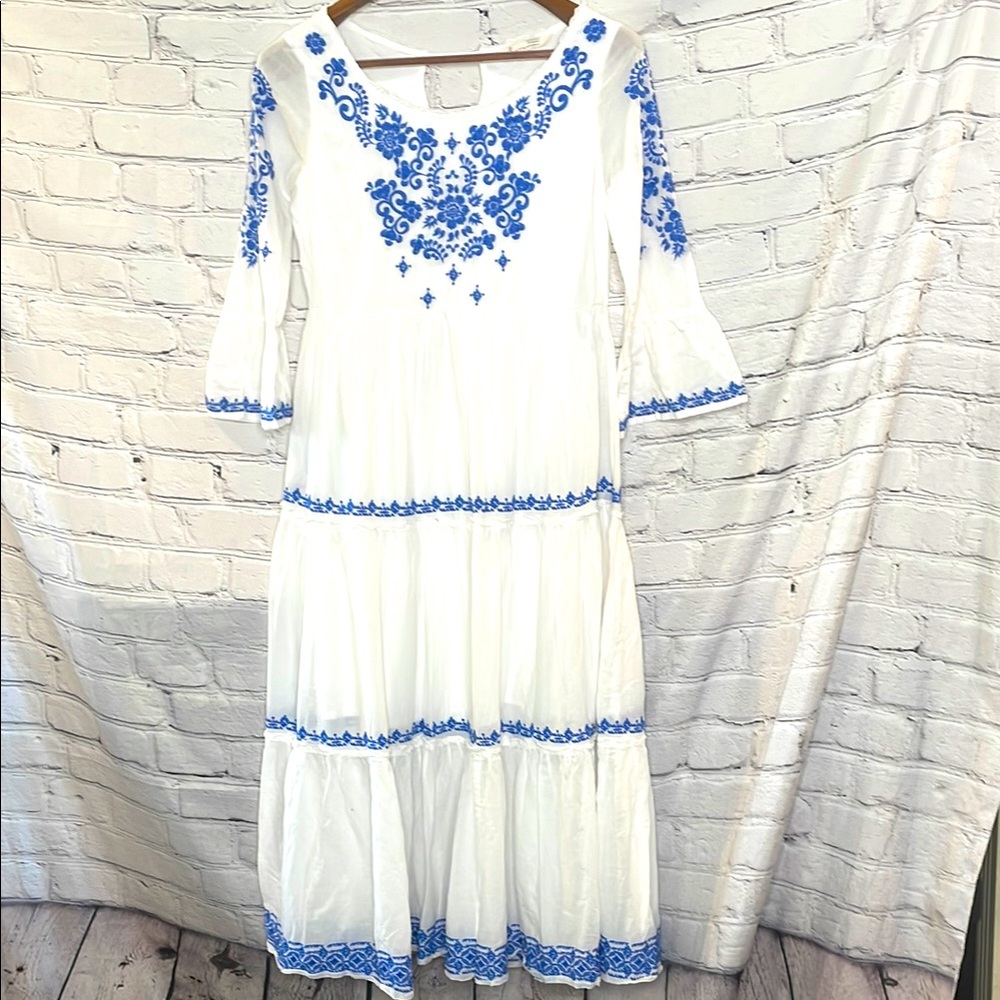 Odd Molly White & Blue Embroidered Long Sleeve Maxi Tiered Dress Size 0